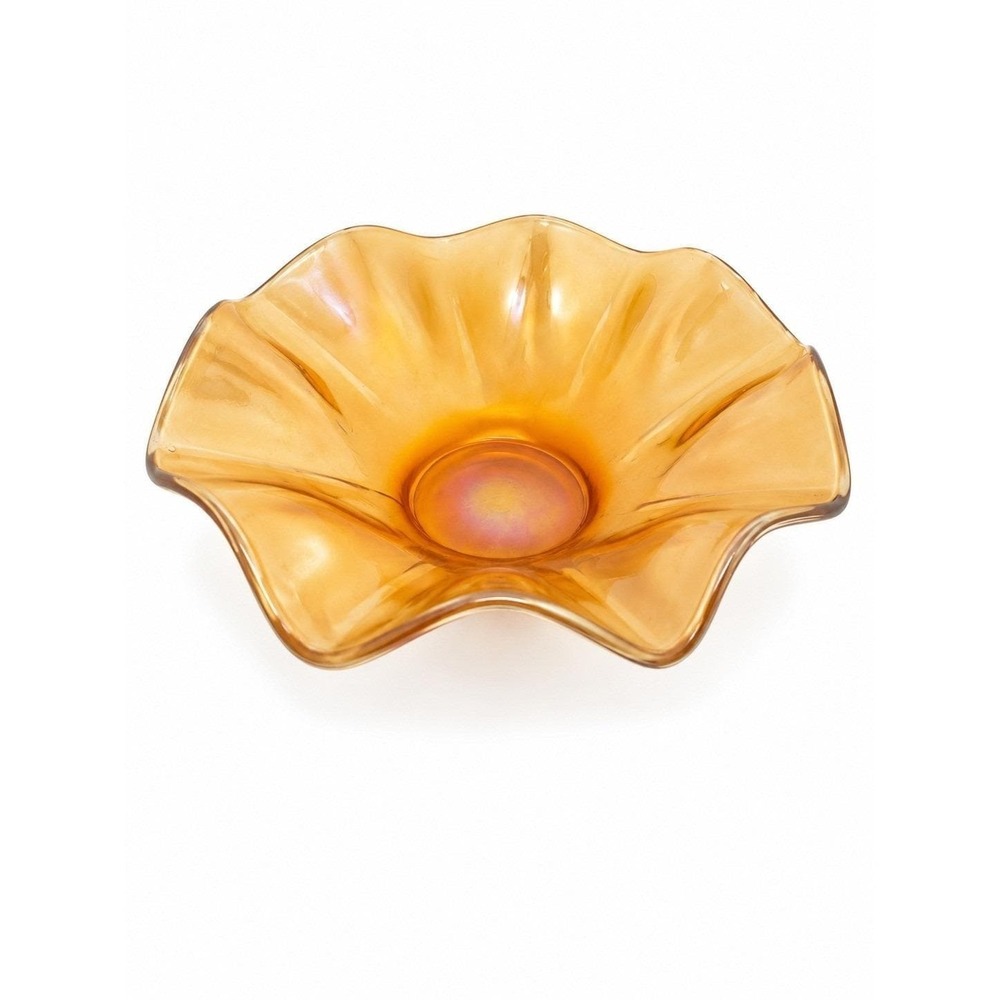 Antique Dugan Marigold Carnival Glass Ruffled Bowl Iridescent Floral 7" Vintage